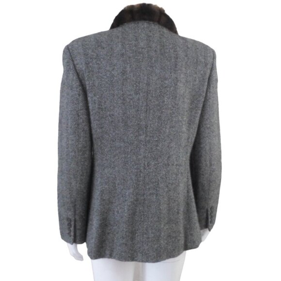 Vintage Ralph Lauren LRL Black Tweed Silk Wool Faux Fur Collar Zip Jacket sz 8 - Picture 5 of 10